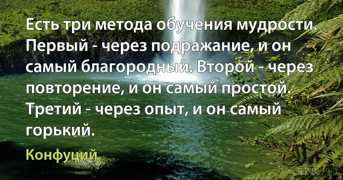 Есть три метода обучения мудрости. Первый - через подражание, и он самый благородный. Второй - через повторение, и он самый простой. Третий - через опыт, и он самый горький. (Конфуций)