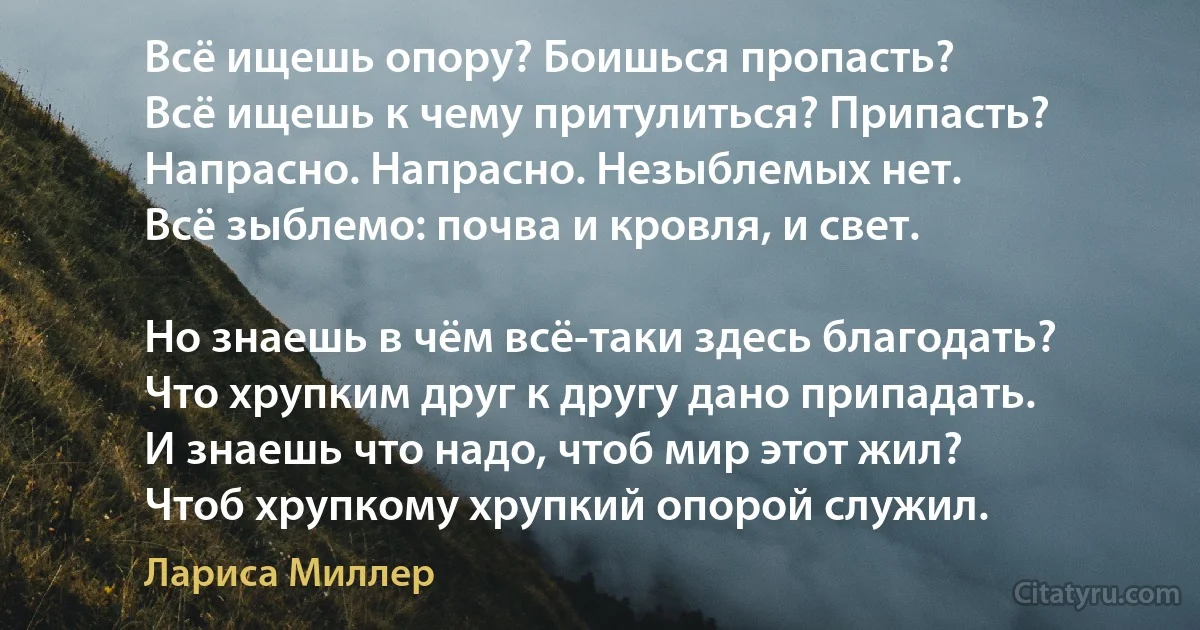 Всё ищешь опору? Боишься пропасть?
Всё ищешь к чему притулиться? Припасть?
Напрасно. Напрасно. Незыблемых нет.
Всё зыблемо: почва и кровля, и свет.

Но знаешь в чём всё-таки здесь благодать?
Что хрупким друг к другу дано припадать.
И знаешь что надо, чтоб мир этот жил?
Чтоб хрупкому хрупкий опорой служил. (Лариса Миллер)