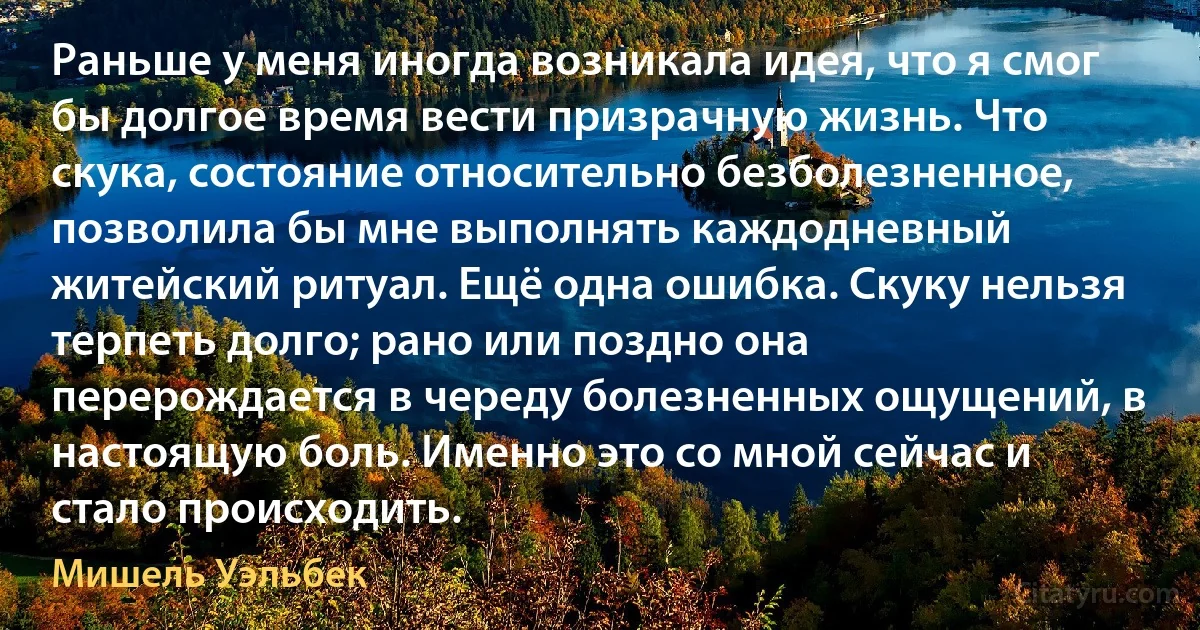 Раньше у меня иногда возникала идея, что я смог бы долгое время вести призрачную жизнь. Что скука, состояние относительно безболезненное, позволила бы мне выполнять каждодневный житейский ритуал. Ещё одна ошибка. Скуку нельзя терпеть долго; рано или поздно она перерождается в череду болезненных ощущений, в настоящую боль. Именно это со мной сейчас и стало происходить. (Мишель Уэльбек)