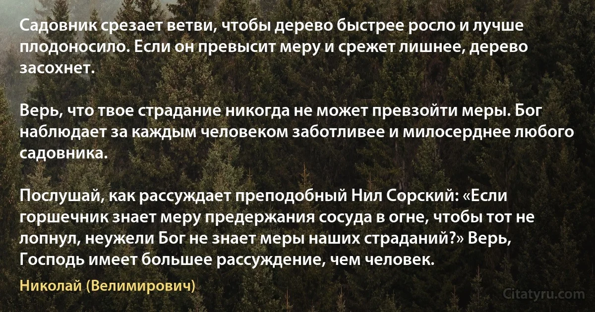 Садовник срезает ветви, чтобы дерево быстрее росло и лучше плодоносило. Если он превысит меру и срежет лишнее, дерево засохнет.

Верь, что твое страдание никогда не может превзойти меры. Бог наблюдает за каждым человеком заботливее и милосерднее любого садовника.

Послушай, как рассуждает преподобный Нил Сорский: «Если горшечник знает меру предержания сосуда в огне, чтобы тот не лопнул, неужели Бог не знает меры наших страданий?» Верь, Господь имеет большее рассуждение, чем человек. (Николай (Велимирович))