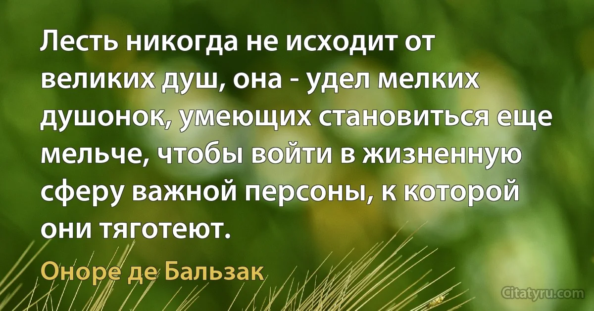 Лесть никогда не исходит от великих душ, она - удел мелких душонок, умеющих становиться еще мельче, чтобы войти в жизненную сферу важной персоны, к которой они тяготеют. (Оноре де Бальзак)