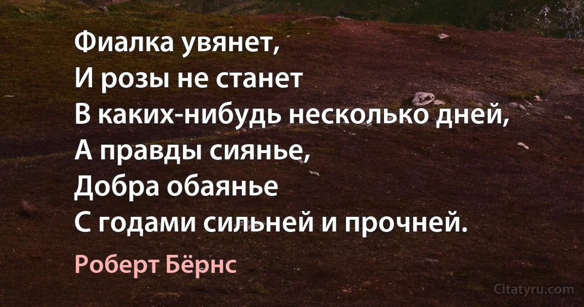 Фиалка увянет,
И розы не станет
В каких-нибудь несколько дней,
А правды сиянье,
Добра обаянье
С годами сильней и прочней. (Роберт Бёрнс)