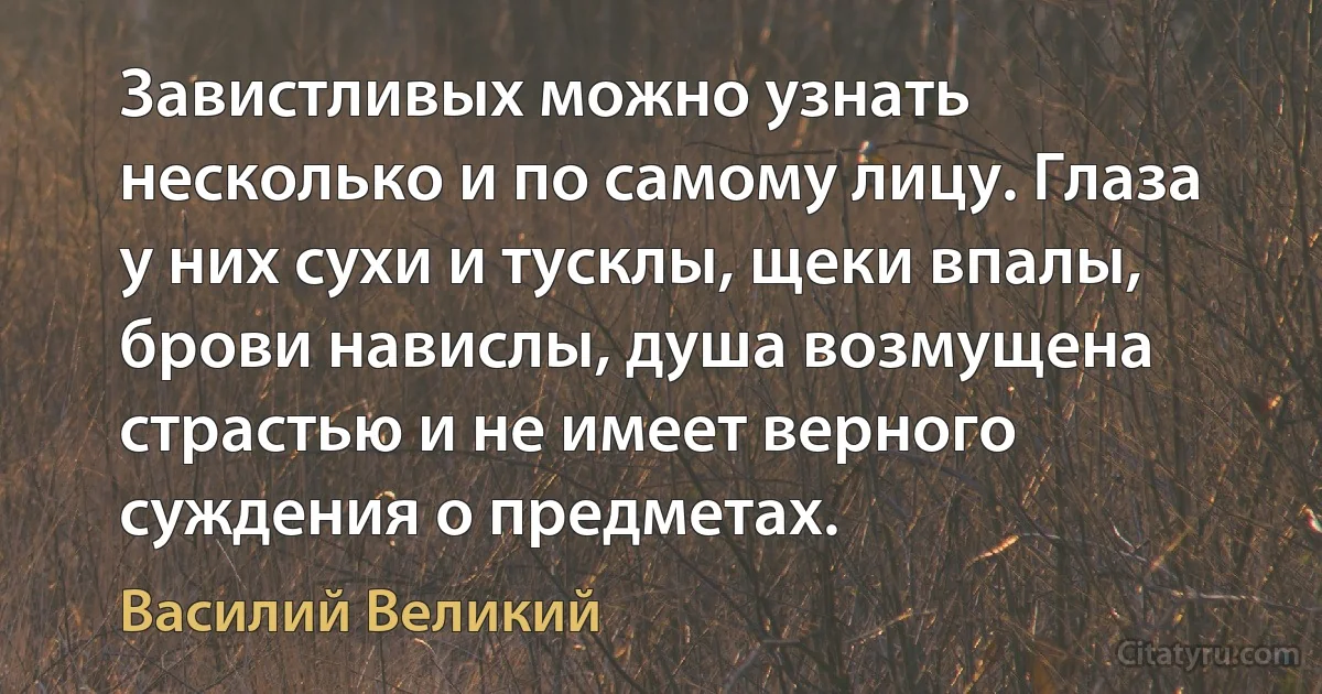 Завистливых можно узнать несколько и по самому лицу. Глаза у них сухи и тусклы, щеки впалы, брови навислы, душа возмущена страстью и не имеет верного суждения о предметах. (Василий Великий)