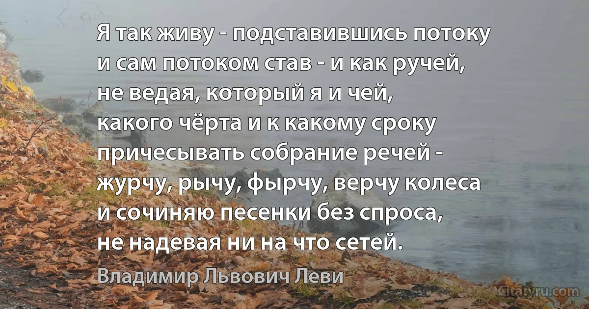 Я так живу - подставившись потоку
и сам потоком став - и как ручей,
не ведая, который я и чей,
какого чёрта и к какому сроку
причесывать собрание речей -
журчу, рычу, фырчу, верчу колеса
и сочиняю песенки без спроса,
не надевая ни на что сетей. (Владимир Львович Леви)