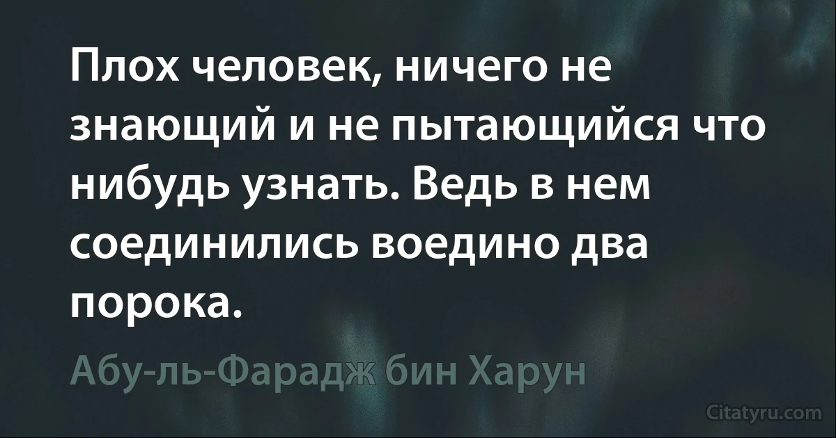 Плох человек, ничего не знающий и не пытающийся что нибудь узнать. Ведь в нем соединились воедино два порока. (Абу-ль-Фарадж бин Харун)