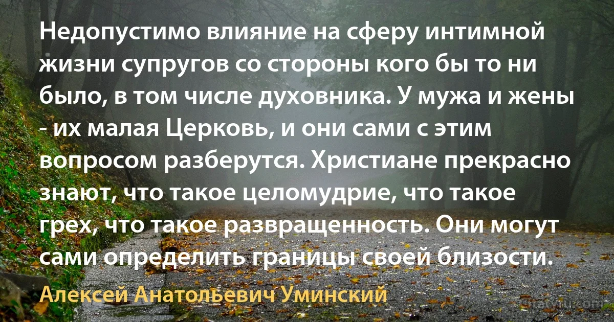 Недопустимо влияние на сферу интимной жизни супругов со стороны кого бы то ни было, в том числе духовника. У мужа и жены - их малая Церковь, и они сами с этим вопросом разберутся. Христиане прекрасно знают, что такое целомудрие, что такое грех, что такое развращенность. Они могут сами определить границы своей близости. (Алексей Анатольевич Уминский)