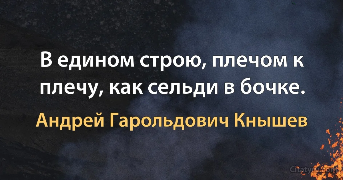 В едином строю, плечом к плечу, как сельди в бочке. (Андрей Гарольдович Кнышев)