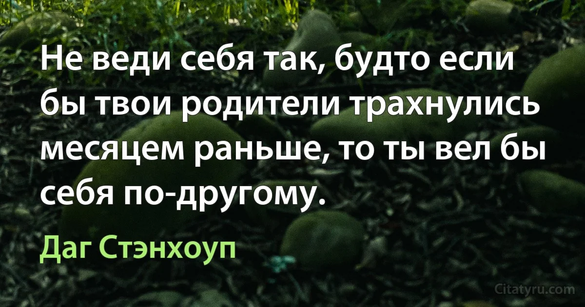 Не веди себя так, будто если бы твои родители трахнулись месяцем раньше, то ты вел бы себя по-другому. (Даг Стэнхоуп)