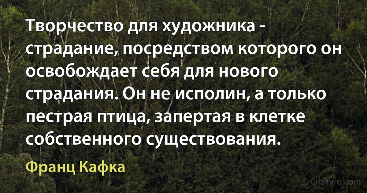 Творчество для художника - страдание, посредством которого он освобождает себя для нового страдания. Он не исполин, а только пестрая птица, запертая в клетке собственного существования. (Франц Кафка)