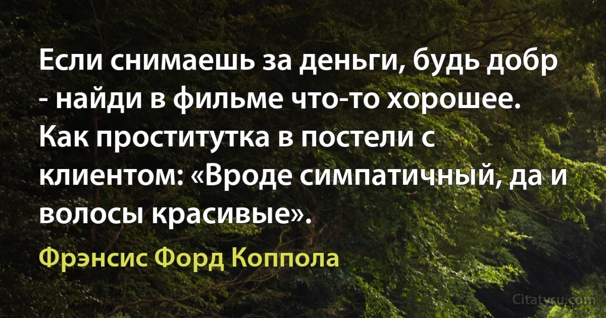 Если снимаешь за деньги, будь добр - найди в фильме что-то хорошее. Как проститутка в постели с клиентом: «Вроде симпатичный, да и волосы красивые». (Фрэнсис Форд Коппола)