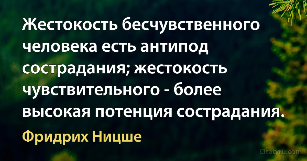 Жестокость бесчувственного человека есть антипод сострадания; жестокость чувствительного - более высокая потенция сострадания. (Фридрих Ницше)