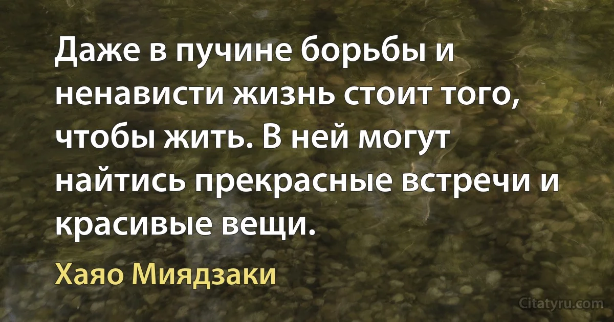 Даже в пучине борьбы и ненависти жизнь стоит того, чтобы жить. В ней могут найтись прекрасные встречи и красивые вещи. (Хаяо Миядзаки)