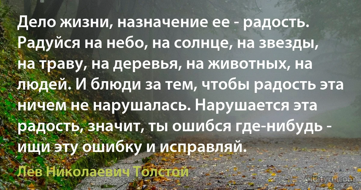 Дело жизни, назначение ее - радость. Радуйся на небо, на солнце, на звезды, на траву, на деревья, на животных, на людей. И блюди за тем, чтобы радость эта ничем не нарушалась. Нарушается эта радость, значит, ты ошибся где-нибудь - ищи эту ошибку и исправляй. (Лев Николаевич Толстой)