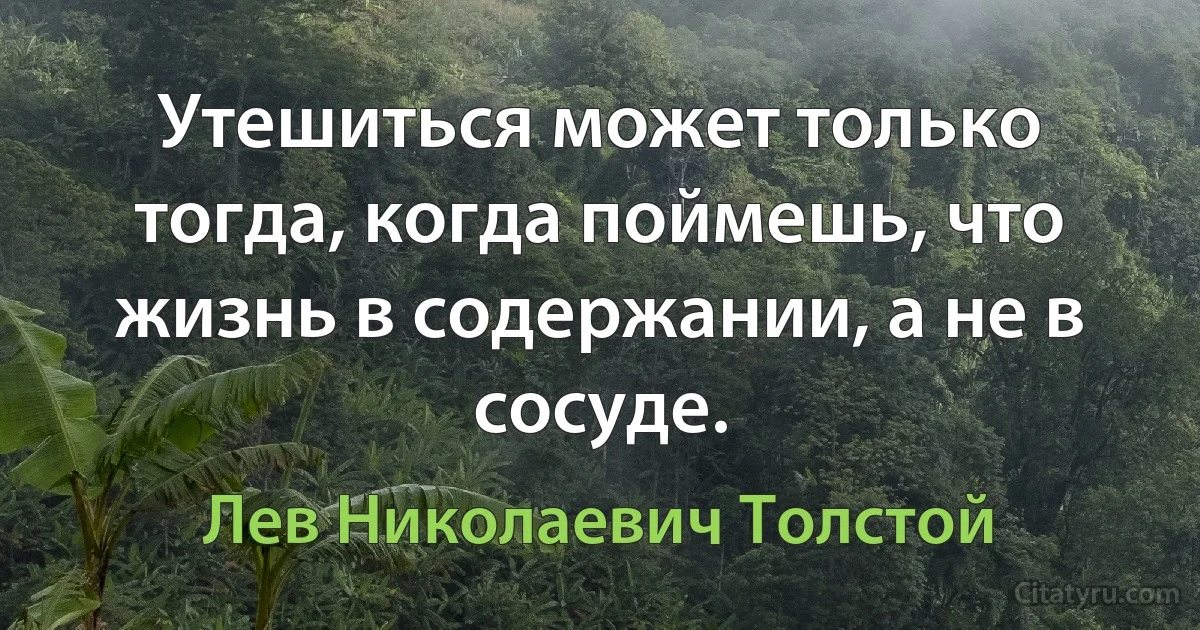 Утешиться может только тогда, когда поймешь, что жизнь в содержании, а не в сосуде. (Лев Николаевич Толстой)