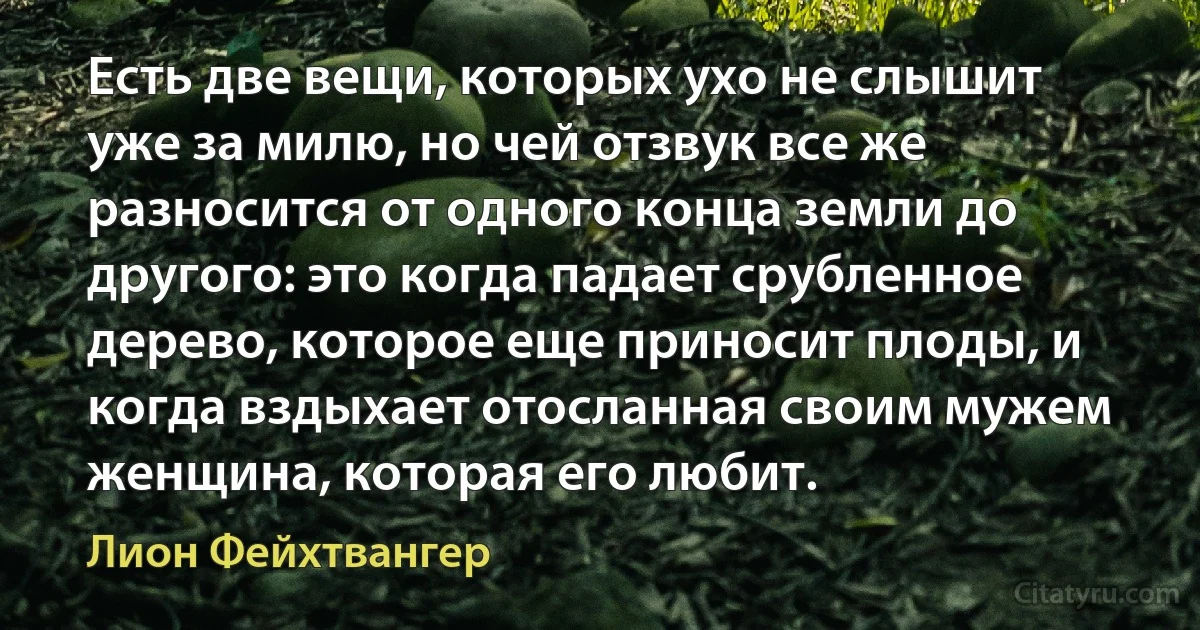 Есть две вещи, которых ухо не слышит уже за милю, но чей отзвук все же разносится от одного конца земли до другого: это когда падает срубленное дерево, которое еще приносит плоды, и когда вздыхает отосланная своим мужем женщина, которая его любит. (Лион Фейхтвангер)