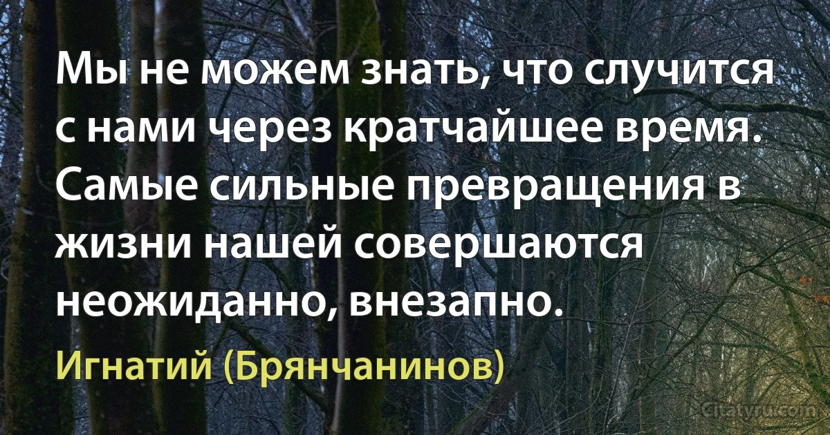 Мы не можем знать, что случится с нами через кратчайшее время. Самые сильные превращения в жизни нашей совершаются неожиданно, внезапно. (Игнатий (Брянчанинов))
