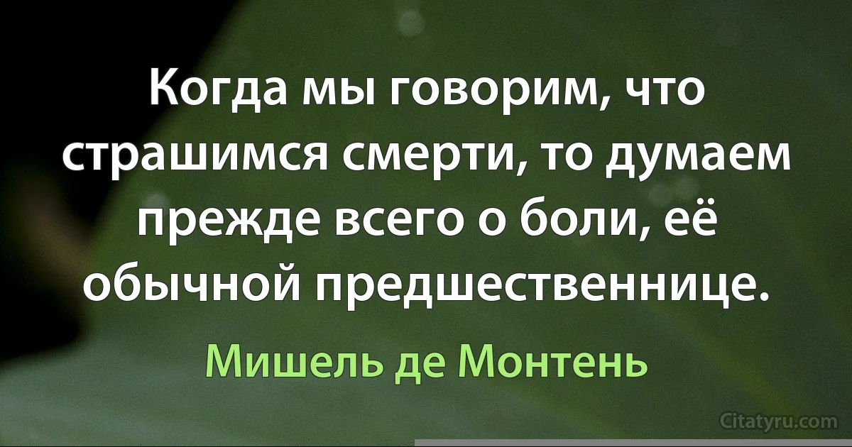 Когда мы говорим, что страшимся смерти, то думаем прежде всего о боли, её обычной предшественнице. (Мишель де Монтень)