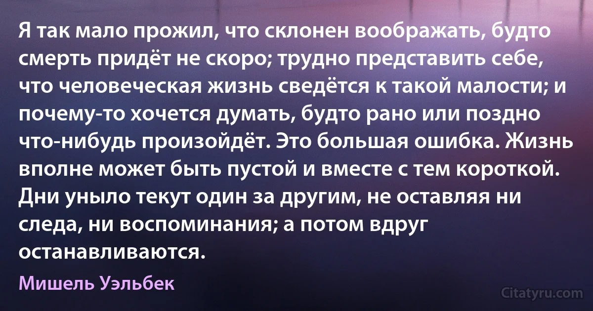 Я так мало прожил, что склонен воображать, будто смерть придёт не скоро; трудно представить себе, что человеческая жизнь сведётся к такой малости; и почему-то хочется думать, будто рано или поздно что-нибудь произойдёт. Это большая ошибка. Жизнь вполне может быть пустой и вместе с тем короткой. Дни уныло текут один за другим, не оставляя ни следа, ни воспоминания; а потом вдруг останавливаются. (Мишель Уэльбек)