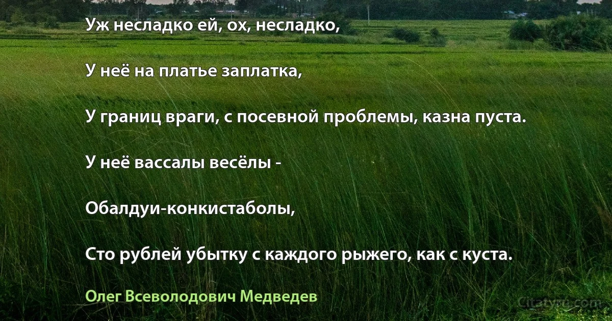 Уж несладко ей, ох, несладко,

У неё на платье заплатка,

У границ враги, с посевной проблемы, казна пуста.

У неё вассалы весёлы -

Обалдуи-конкистаболы,

Сто рублей убытку с каждого рыжего, как с куста. (Олег Всеволодович Медведев)