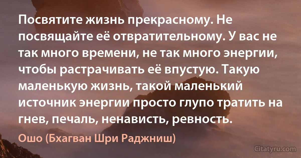 Посвятите жизнь прекрасному. Не посвящайте её отвратительному. У вас не так много времени, не так много энергии, чтобы растрачивать её впустую. Такую маленькую жизнь, такой маленький источник энергии просто глупо тратить на гнев, печаль, ненависть, ревность. (Ошо (Бхагван Шри Раджниш))