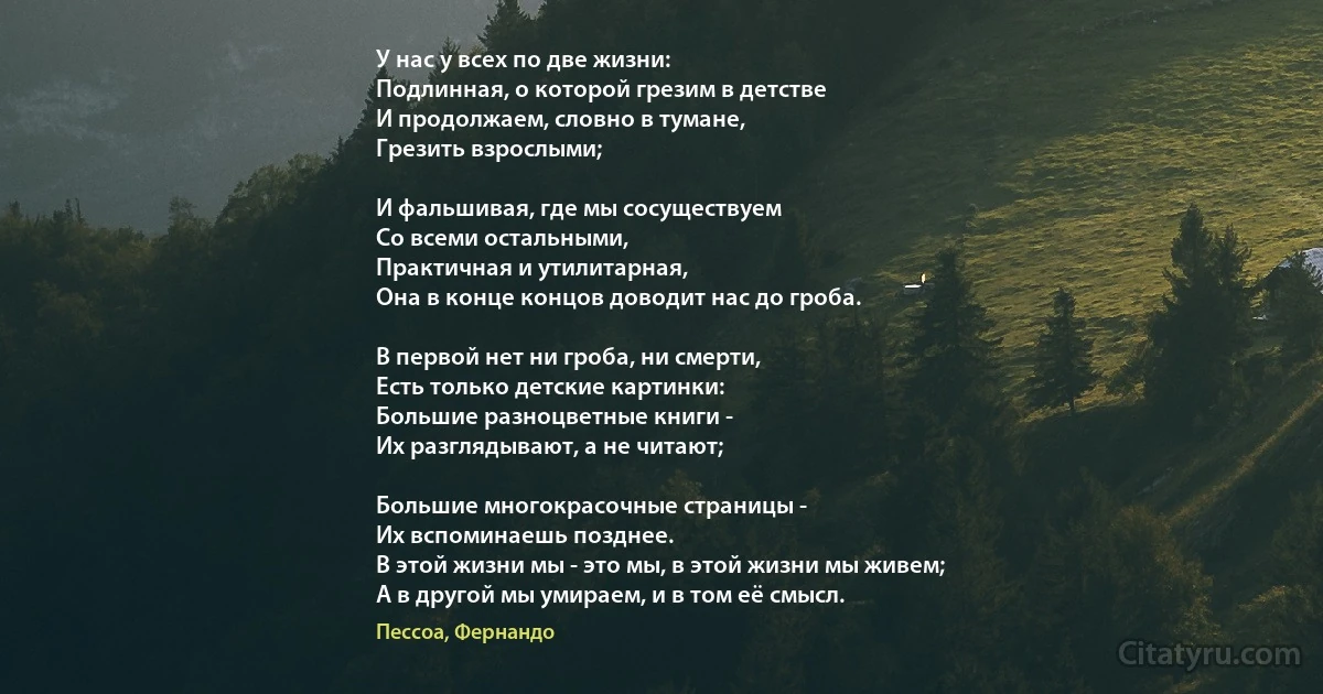 У нас у всех по две жизни:
Подлинная, о которой грезим в детстве
И продолжаем, словно в тумане, 
Грезить взрослыми;

И фальшивая, где мы сосуществуем 
Со всеми остальными,
Практичная и утилитарная, 
Она в конце концов доводит нас до гроба.

В первой нет ни гроба, ни смерти,
Есть только детские картинки:
Большие разноцветные книги - 
Их разглядывают, а не читают;

Большие многокрасочные страницы -
Их вспоминаешь позднее.
В этой жизни мы - это мы, в этой жизни мы живем;
А в другой мы умираем, и в том её смысл. (Пессоа, Фернандо)