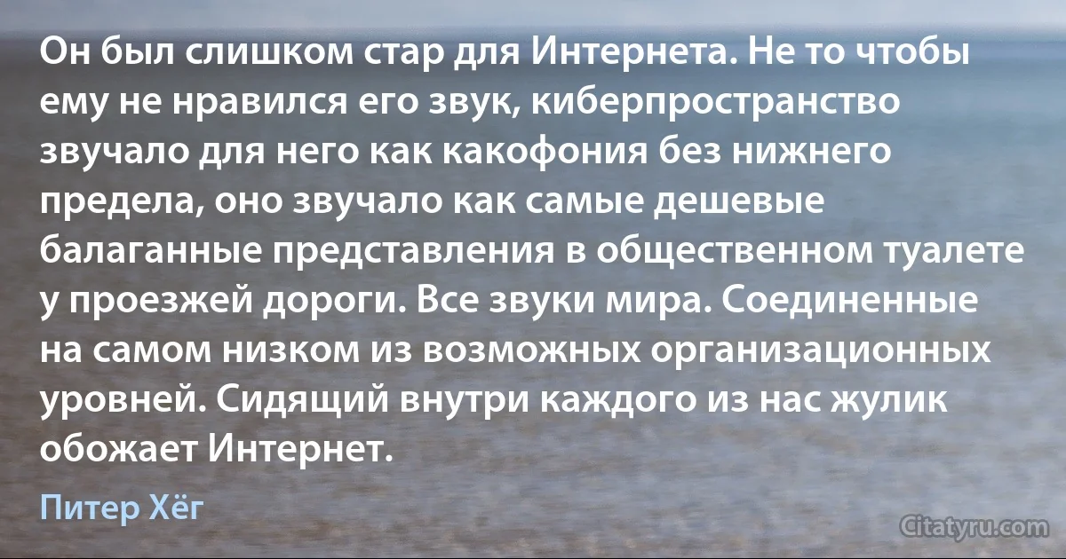 Он был слишком стар для Интернета. Не то чтобы ему не нравился его звук, киберпространство звучало для него как какофония без нижнего предела, оно звучало как самые дешевые балаганные представления в общественном туалете у проезжей дороги. Все звуки мира. Соединенные на самом низком из возможных организационных уровней. Сидящий внутри каждого из нас жулик обожает Интернет. (Питер Хёг)