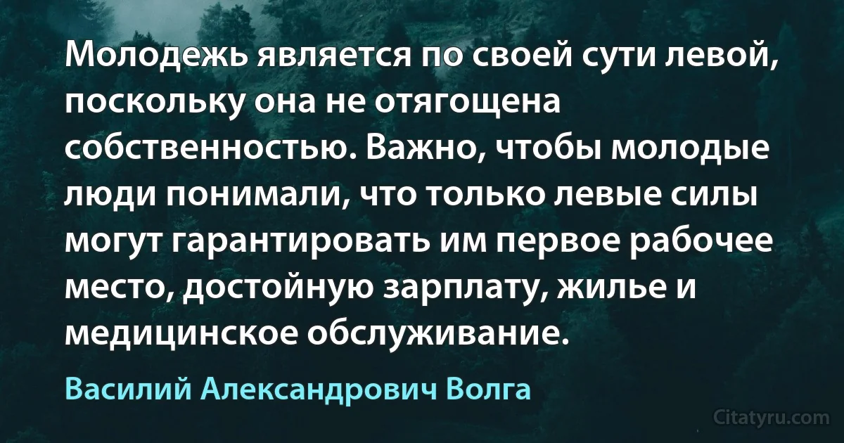 Молодежь является по своей сути левой, поскольку она не отягощена собственностью. Важно, чтобы молодые люди понимали, что только левые силы могут гарантировать им первое рабочее место, достойную зарплату, жилье и медицинское обслуживание. (Василий Александрович Волга)