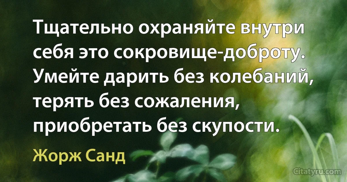 Тщательно охраняйте внутри себя это сокровище-доброту. Умейте дарить без колебаний, терять без сожаления, приобретать без скупости. (Жорж Санд)