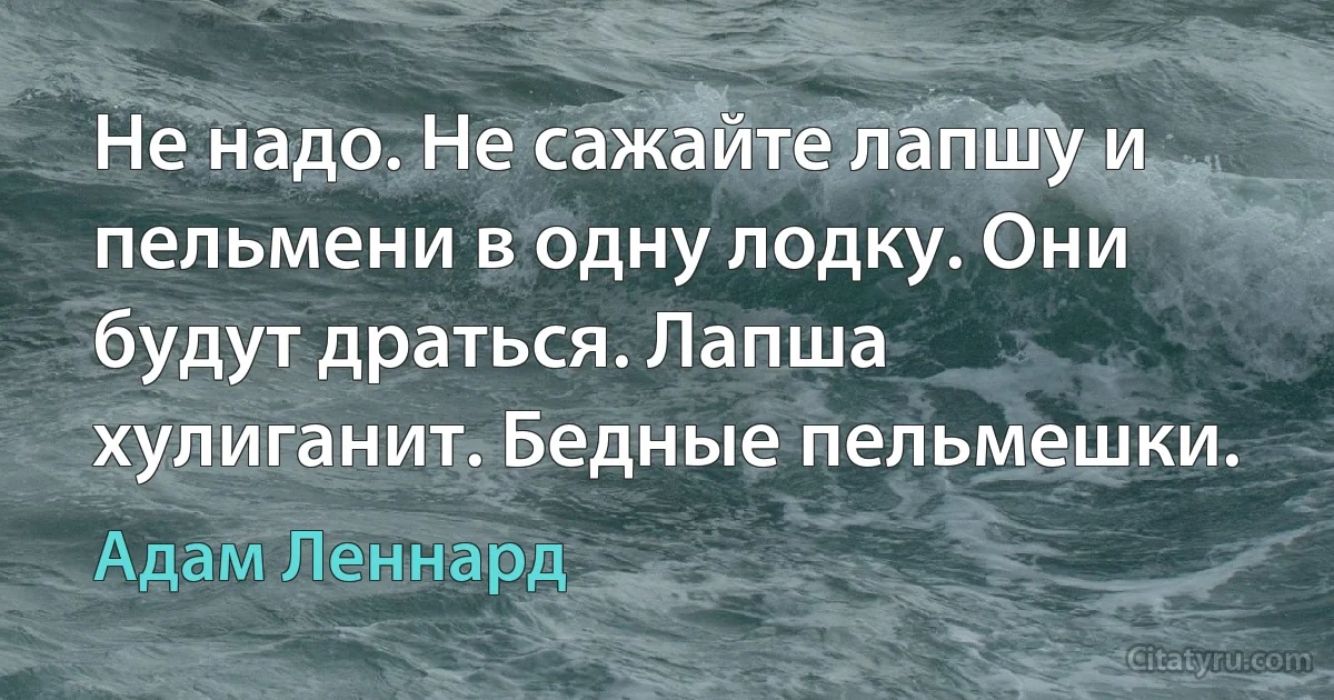 Не надо. Не сажайте лапшу и пельмени в одну лодку. Они будут драться. Лапша хулиганит. Бедные пельмешки. (Адам Леннард)