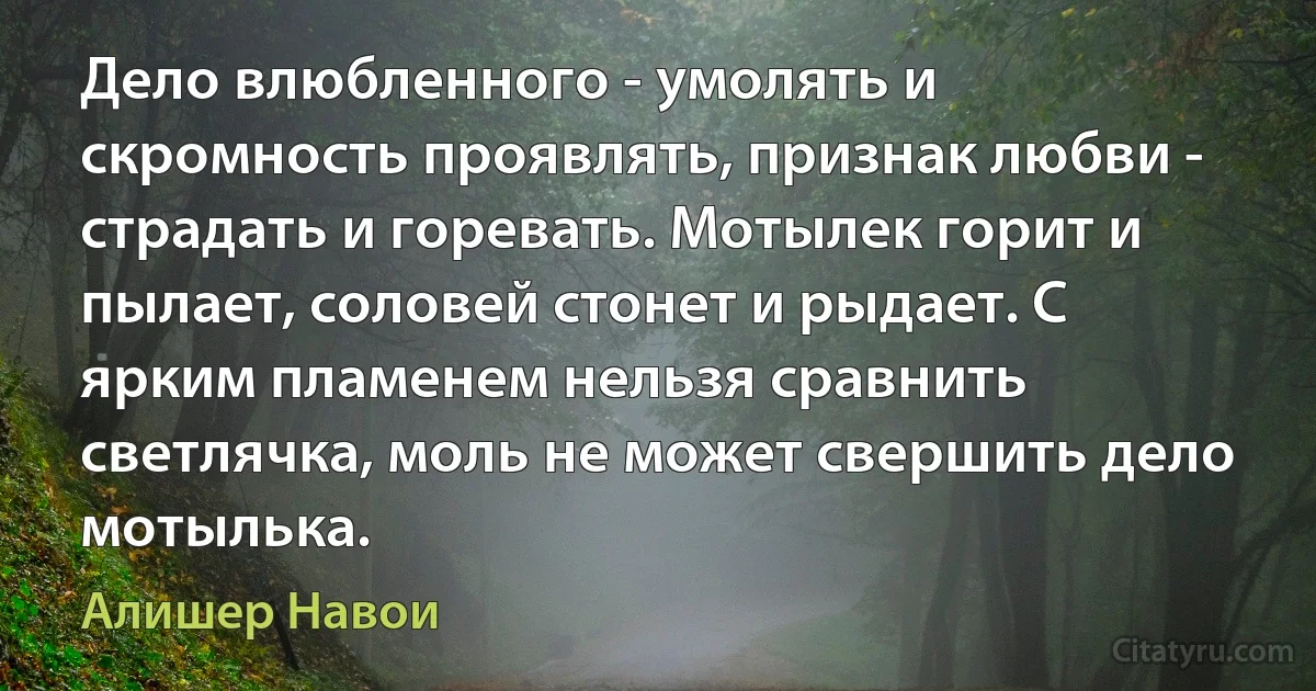 Дело влюбленного - умолять и скромность проявлять, признак любви - страдать и горевать. Мотылек горит и пылает, соловей стонет и рыдает. С ярким пламенем нельзя сравнить светлячка, моль не может свершить дело мотылька. (Алишер Навои)