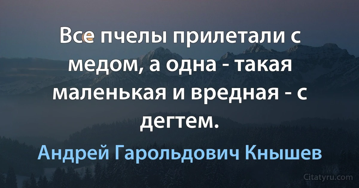 Все пчелы прилетали с медом, а одна - такая маленькая и вредная - с дегтем. (Андрей Гарольдович Кнышев)