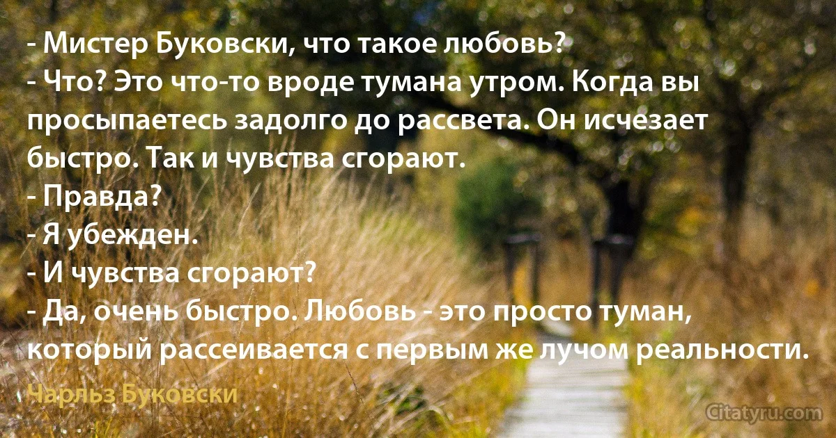 - Мистер Буковски, что такое любовь?
- Что? Это что-то вроде тумана утром. Когда вы просыпаетесь задолго до рассвета. Он исчезает быстро. Так и чувства сгорают.
- Правда?
- Я убежден.
- И чувства сгорают?
- Да, очень быстро. Любовь - это просто туман, который рассеивается с первым же лучом реальности. (Чарльз Буковски)