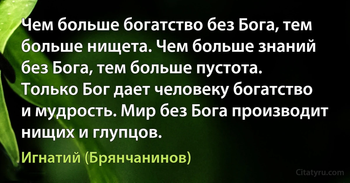 Чем больше богатство без Бога, тем больше нищета. Чем больше знаний без Бога, тем больше пустота. Только Бог дает человеку богатство и мудрость. Мир без Бога производит нищих и глупцов. (Игнатий (Брянчанинов))