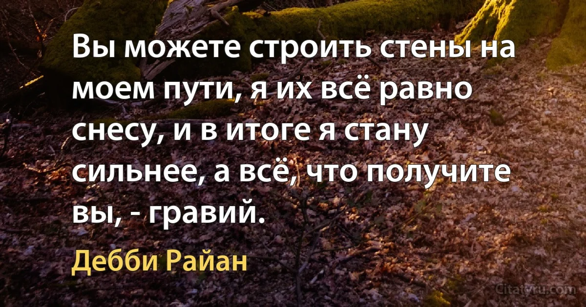 Вы можете строить стены на моем пути, я их всё равно снесу, и в итоге я стану сильнее, а всё, что получите вы, - гравий. (Дебби Райан)