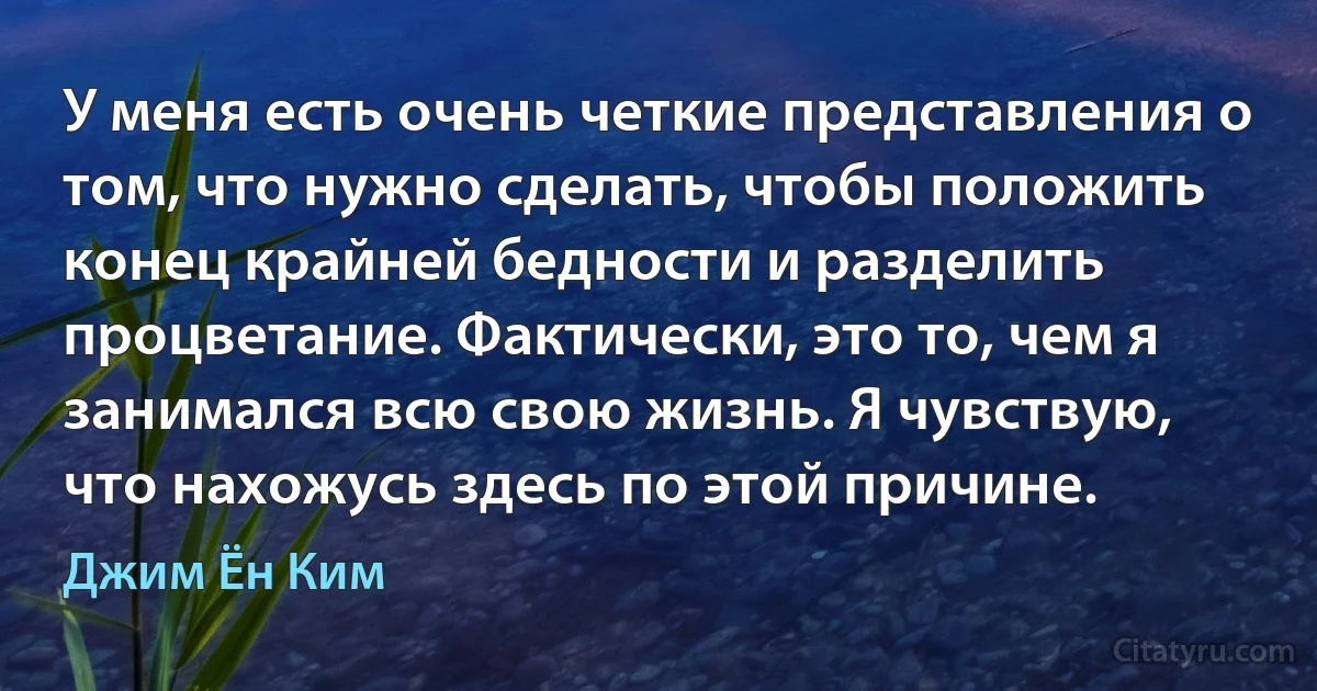 У меня есть очень четкие представления о том, что нужно сделать, чтобы положить конец крайней бедности и разделить процветание. Фактически, это то, чем я занимался всю свою жизнь. Я чувствую, что нахожусь здесь по этой причине. (Джим Ён Ким)