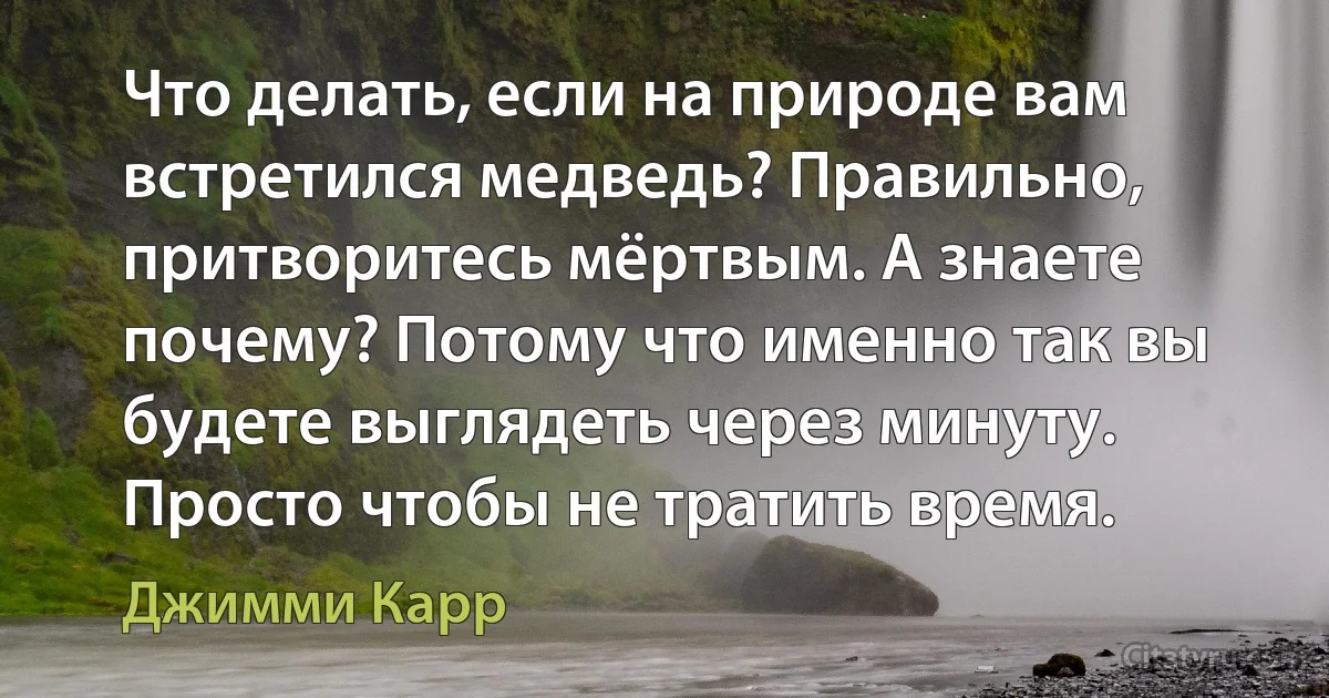 Что делать, если на природе вам встретился медведь? Правильно, притворитесь мёртвым. А знаете почему? Потому что именно так вы будете выглядеть через минуту. Просто чтобы не тратить время. (Джимми Карр)