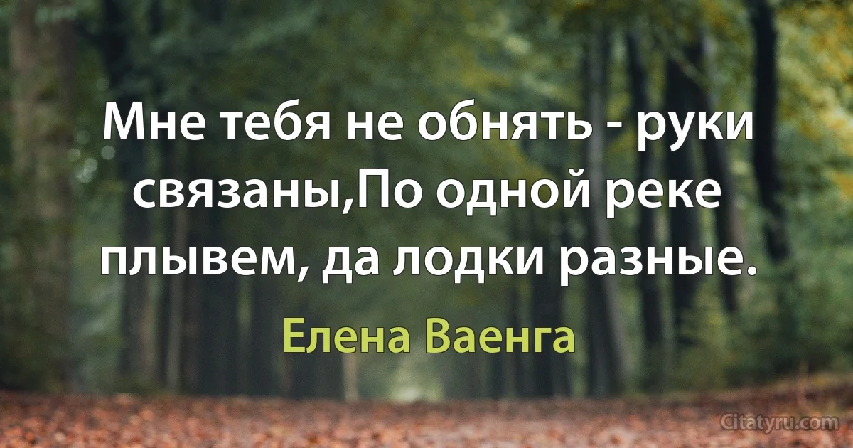 Мне тебя не обнять - руки связаны,По одной реке плывем, да лодки разные. (Елена Ваенга)