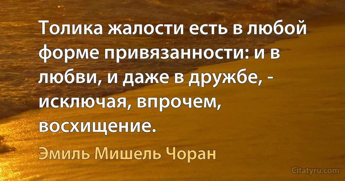 Толика жалости есть в любой форме привязанности: и в любви, и даже в дружбе, - исключая, впрочем, восхищение. (Эмиль Мишель Чоран)