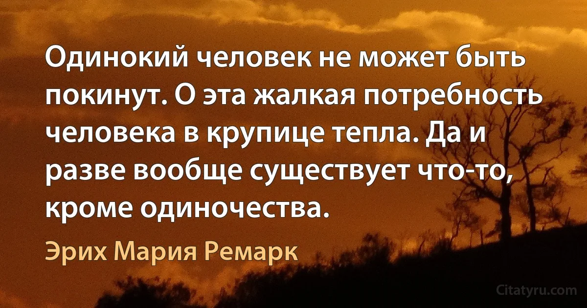 Одинокий человек не может быть покинут. О эта жалкая потребность человека в крупице тепла. Да и разве вообще существует что-то, кроме одиночества. (Эрих Мария Ремарк)