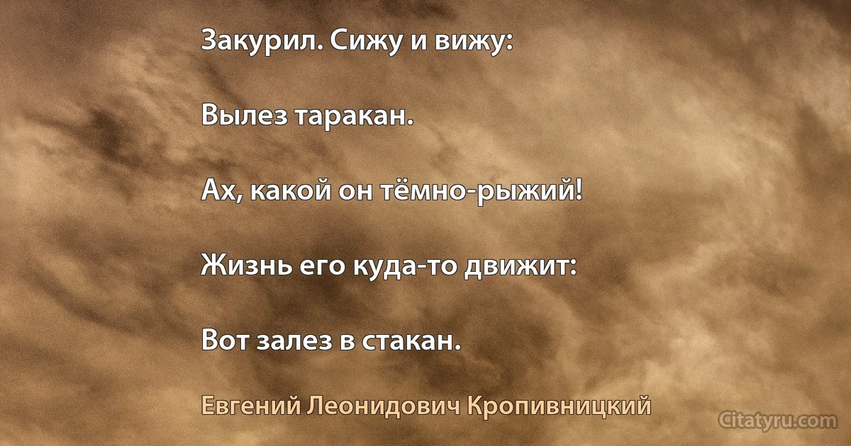 Закурил. Сижу и вижу:

Вылез таракан.

Ах, какой он тёмно-рыжий!

Жизнь его куда-то движит:

Вот залез в стакан. (Евгений Леонидович Кропивницкий)