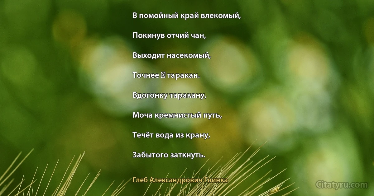 В помойный край влекомый,

Покинув отчий чан,

Выходит насекомый,

Точнее ― таракан.

Вдогонку таракану,

Моча кремнистый путь,

Течёт вода из крану,

Забытого заткнуть. (Глеб Александрович Глинка)