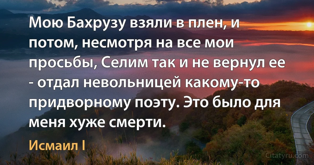 Мою Бахрузу взяли в плен, и потом, несмотря на все мои просьбы, Селим так и не вернул ее - отдал невольницей какому-то придворному поэту. Это было для меня хуже смерти. (Исмаил I)