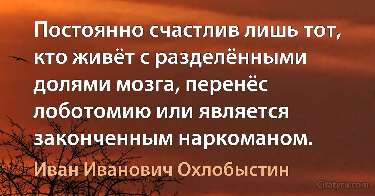 Постоянно счастлив лишь тот, кто живёт с разделёнными долями мозга, перенёс лоботомию или является законченным наркоманом. (Иван Иванович Охлобыстин)