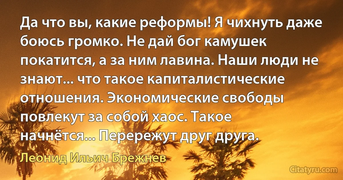 Да что вы, какие реформы! Я чихнуть даже боюсь громко. Не дай бог камушек покатится, а за ним лавина. Наши люди не знают... что такое капиталистические отношения. Экономические свободы повлекут за собой хаос. Такое начнётся... Перережут друг друга. (Леонид Ильич Брежнев)