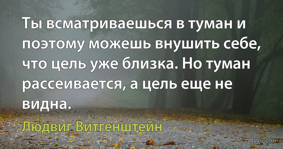 Ты всматриваешься в туман и поэтому можешь внушить себе, что цель уже близка. Но туман рассеивается, а цель еще не видна. (Людвиг Витгенштейн)