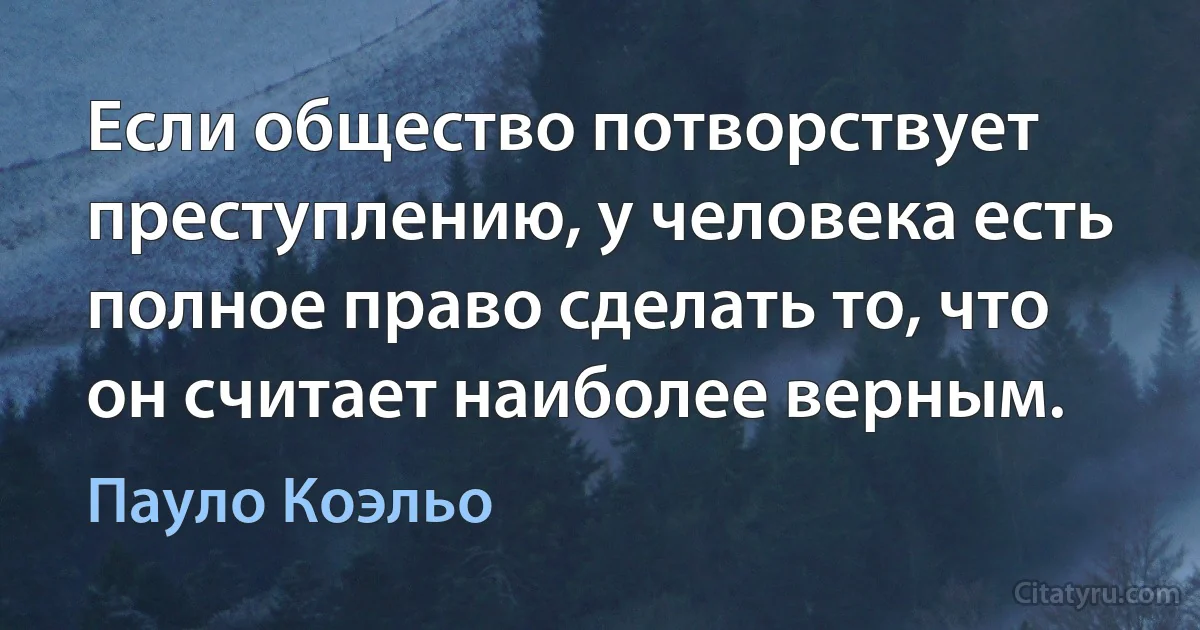 Если общество потворствует преступлению, у человека есть полное право сделать то, что он считает наиболее верным. (Пауло Коэльо)