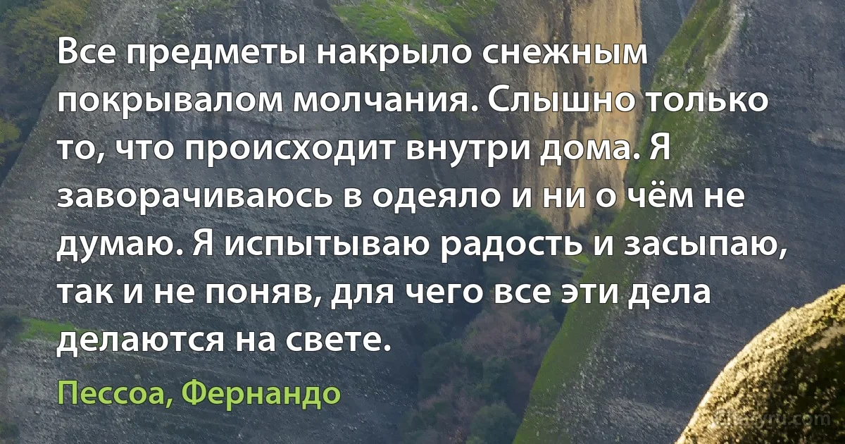 Все предметы накрыло снежным покрывалом молчания. Слышно только то, что происходит внутри дома. Я заворачиваюсь в одеяло и ни о чём не думаю. Я испытываю радость и засыпаю, так и не поняв, для чего все эти дела делаются на свете. (Пессоа, Фернандо)