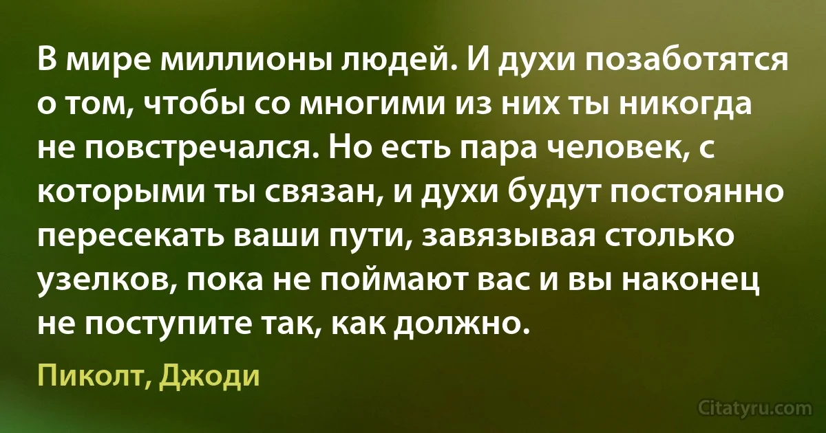 В мире миллионы людей. И духи позаботятся о том, чтобы со многими из них ты никогда не повстречался. Но есть пара человек, с которыми ты связан, и духи будут постоянно пересекать ваши пути, завязывая столько узелков, пока не поймают вас и вы наконец не поступите так, как должно. (Пиколт, Джоди)