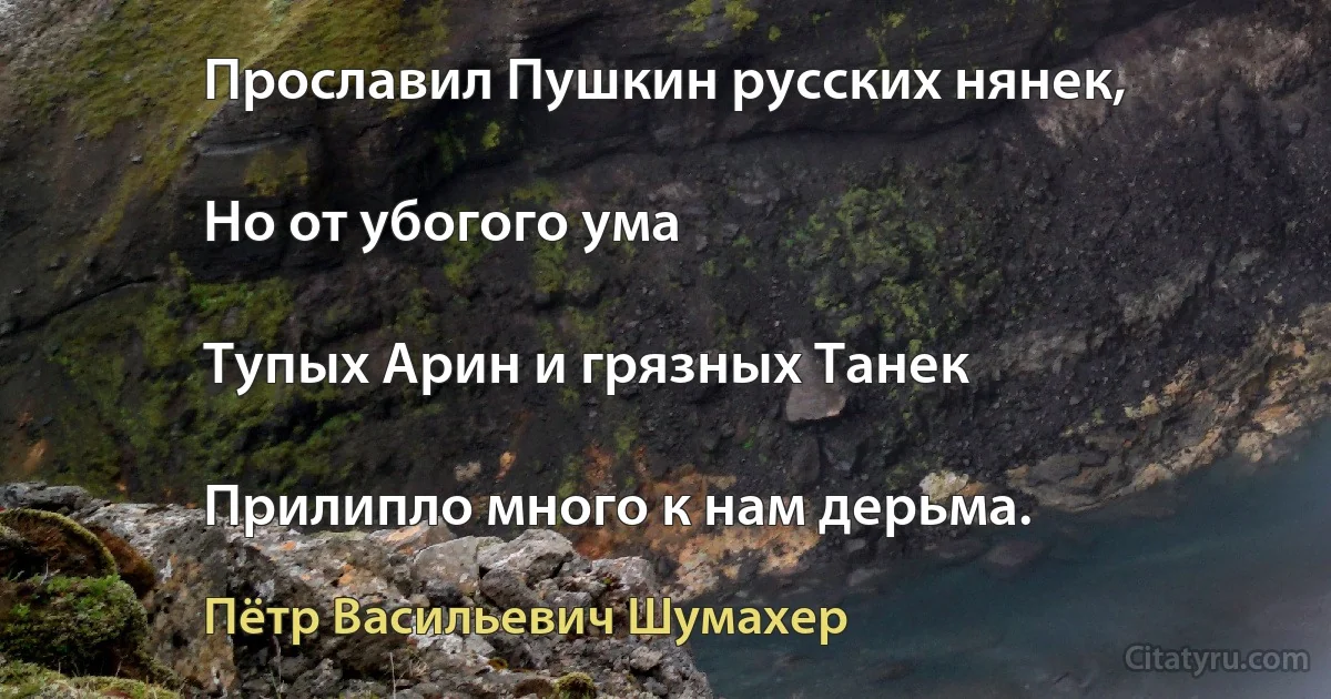 Прославил Пушкин русских нянек,

Но от убогого ума

Тупых Арин и грязных Танек

Прилипло много к нам дерьма. (Пётр Васильевич Шумахер)