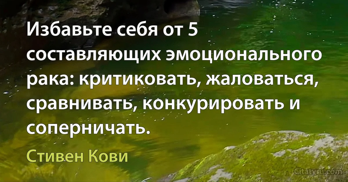 Избавьте себя от 5 составляющих эмоционального рака: критиковать, жаловаться, сравнивать, конкурировать и соперничать. (Стивен Кови)